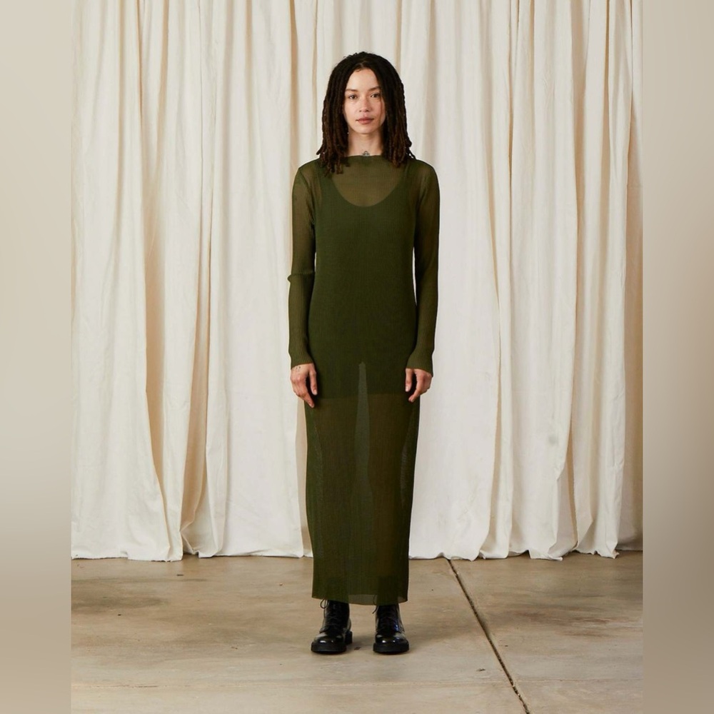 Ali Golden Pleated Mesh Dress in Olive